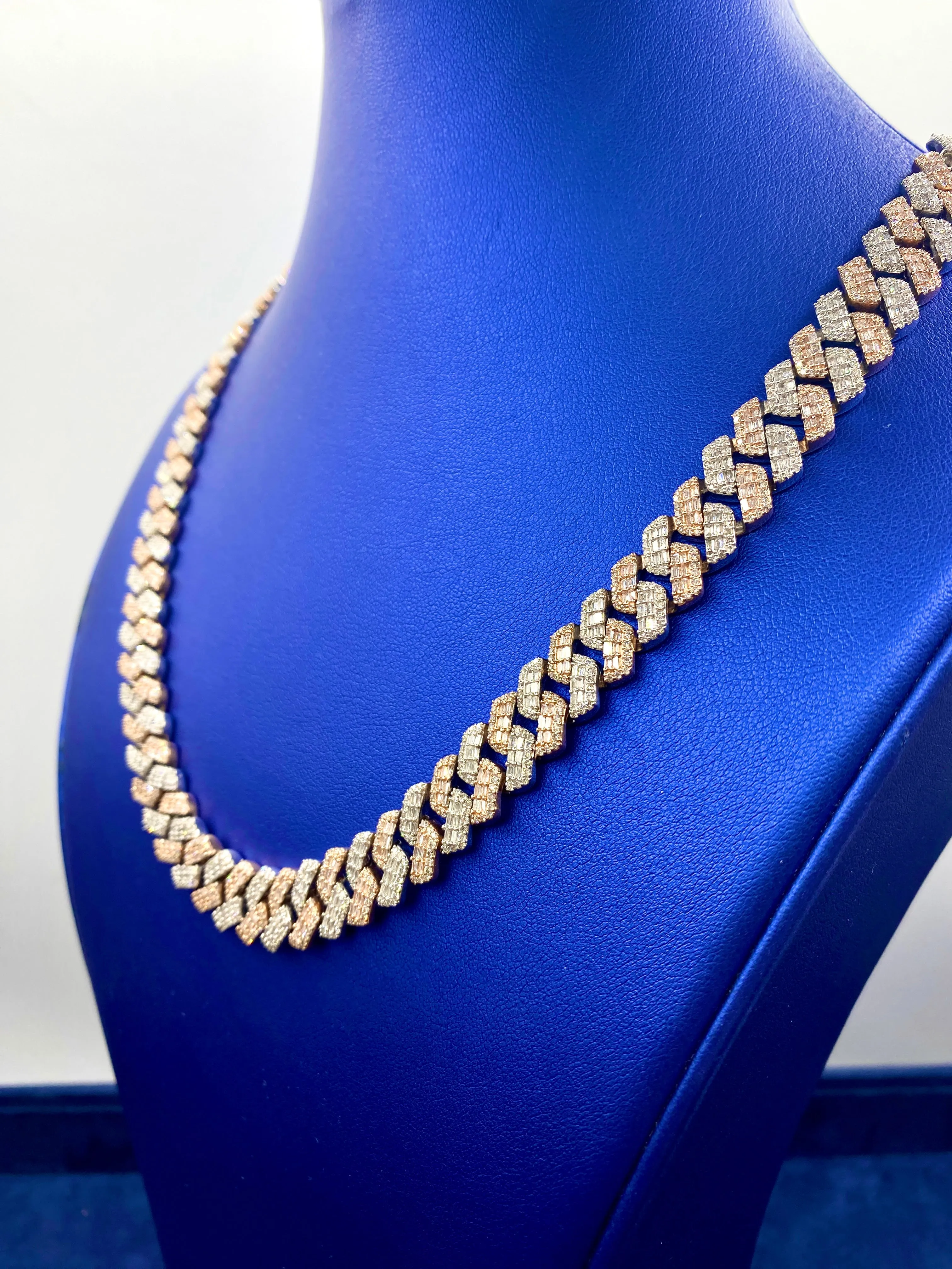 14k 12.4mm Two Tone Baguette Diamond Cuban Chain 20”