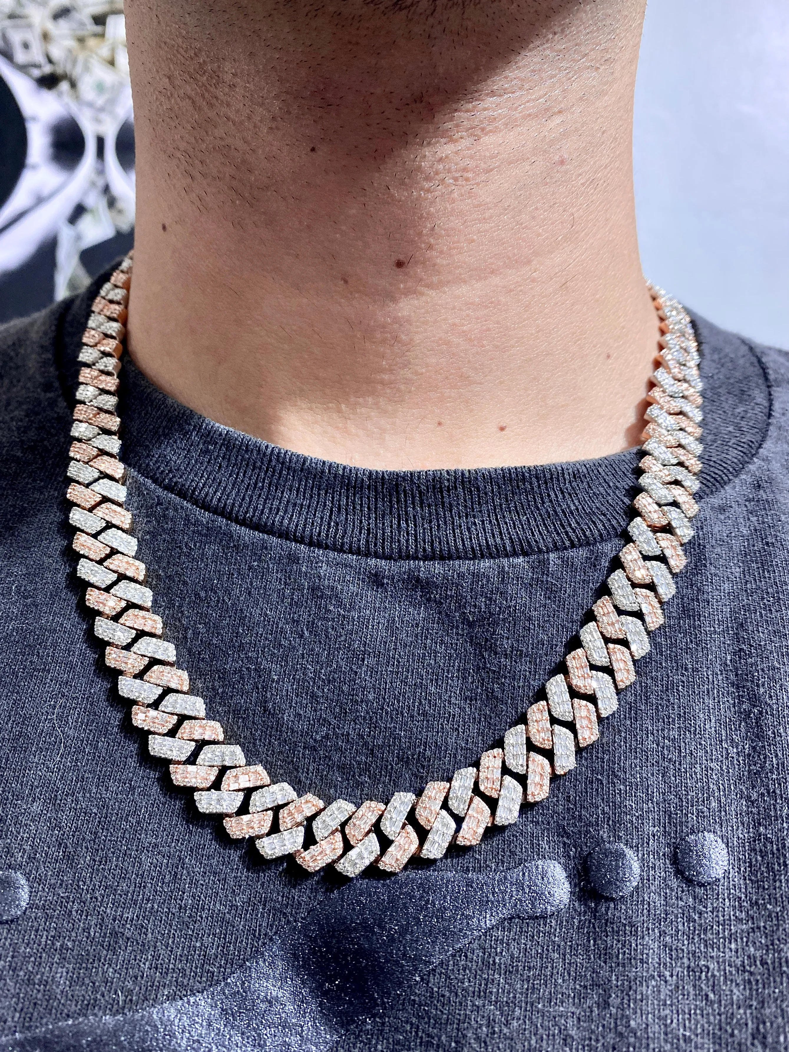 14k 12.4mm Two Tone Baguette Diamond Cuban Chain 20”