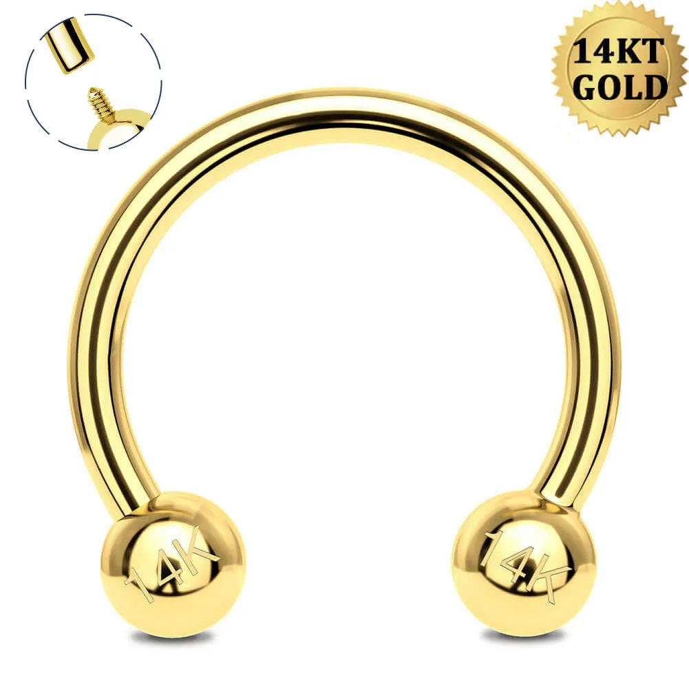 14k Gold 16G Internally Threaded Ball End Horseshoe Circular Barbell