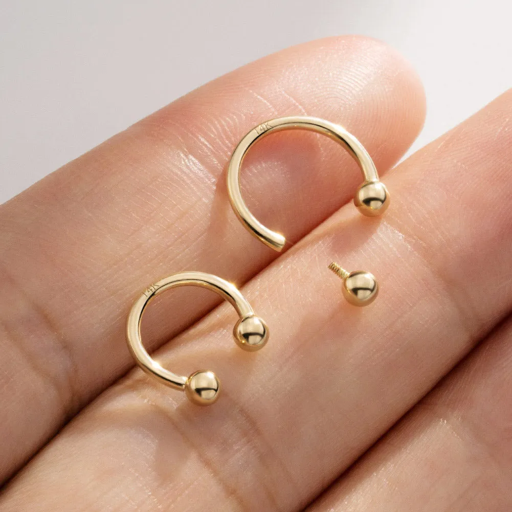 14k Gold 16G Internally Threaded Ball End Horseshoe Circular Barbell