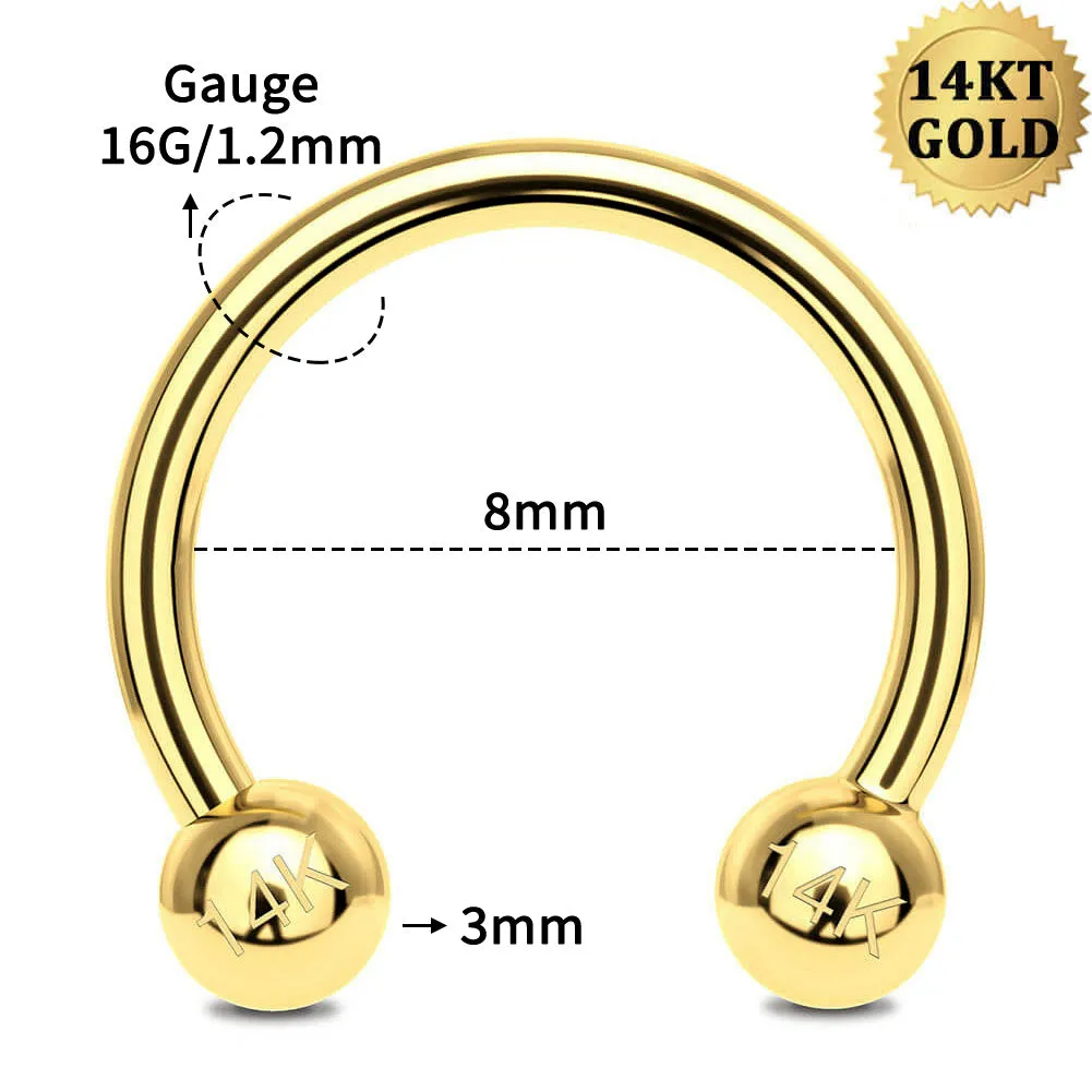 14k Gold 16G Internally Threaded Ball End Horseshoe Circular Barbell
