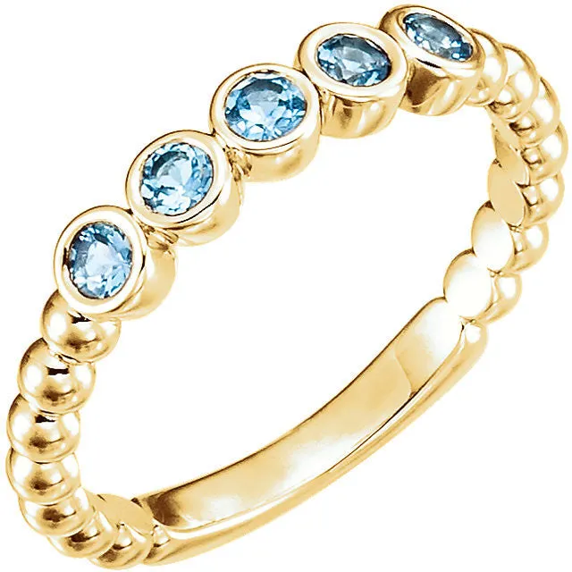 14k Gold Genuine Aquamarine Bezel Set Beaded Ring