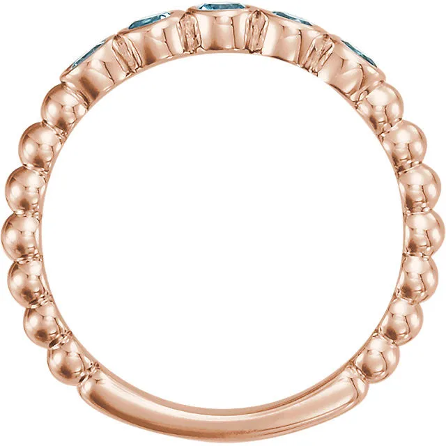 14k Gold Genuine Aquamarine Bezel Set Beaded Ring