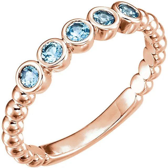 14k Gold Genuine Aquamarine Bezel Set Beaded Ring