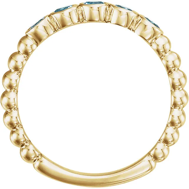 14k Gold Genuine Aquamarine Bezel Set Beaded Ring