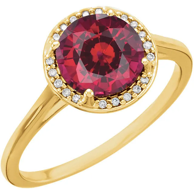 14k Gold Lab Grown 8mm Round Ruby & Diamond Halo Ring