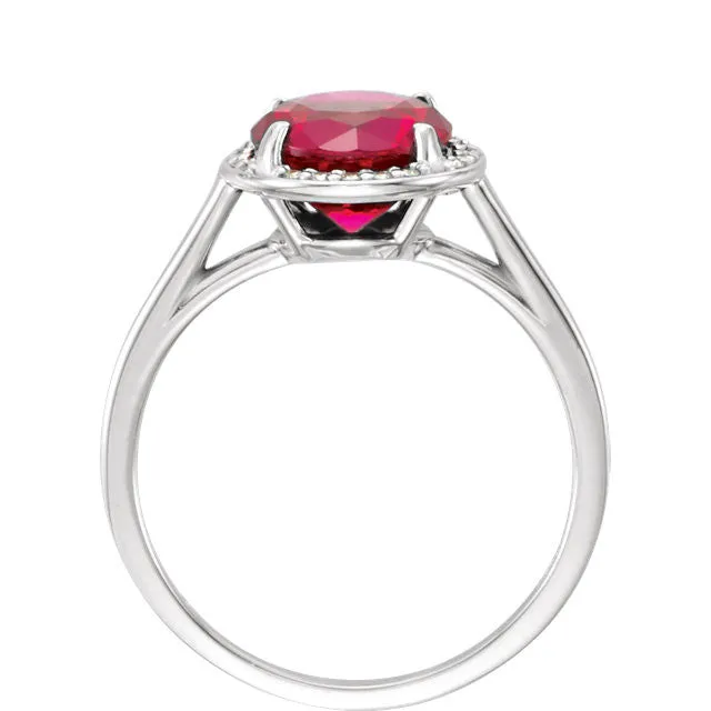 14k Gold Lab Grown 8mm Round Ruby & Diamond Halo Ring