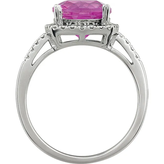 14k White Gold 9mm Cushion Cut Created Pink Sapphire & Diamond Halo-Style Ring
