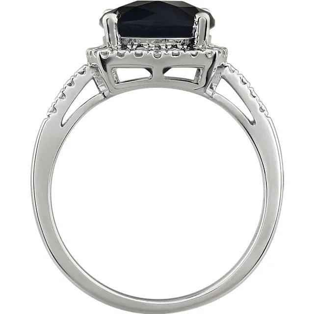14k White Gold 9mm Cushion Cut Onyx & Diamond Halo-Style Ring