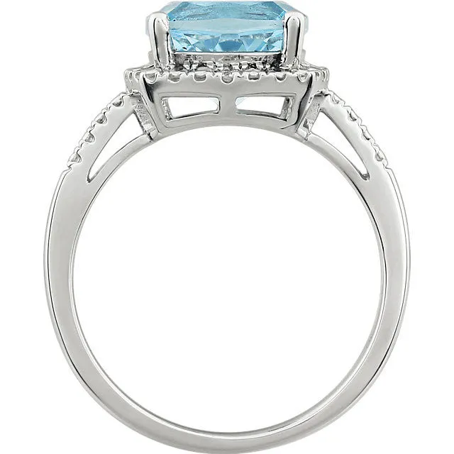 14k White Gold 9mm Cushion Cut Sky Blue Topaz & Diamond Halo-Style Ring