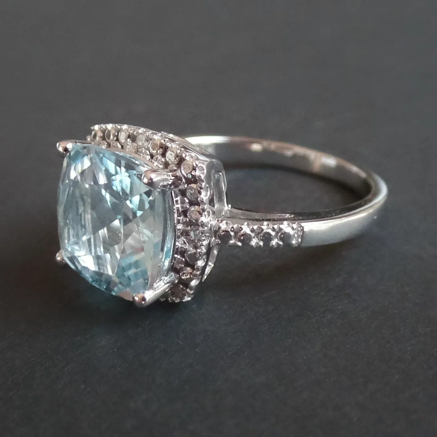 14k White Gold 9mm Cushion Cut Sky Blue Topaz & Diamond Halo-Style Ring