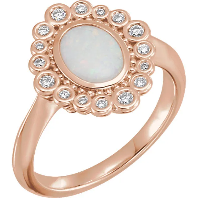 14k White Gold Oval Bezel Set Genuine Opal & 1/6 CTW Diamond Halo Ring
