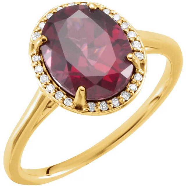 14K White Gold Oval Rhodolite Garnet & .06 CTW Diamond Halo Ring