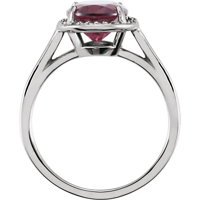 14K White Gold Oval Rhodolite Garnet & .06 CTW Diamond Halo Ring