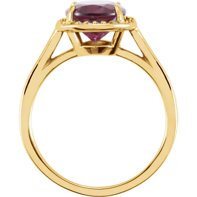 14K White Gold Oval Rhodolite Garnet & .06 CTW Diamond Halo Ring