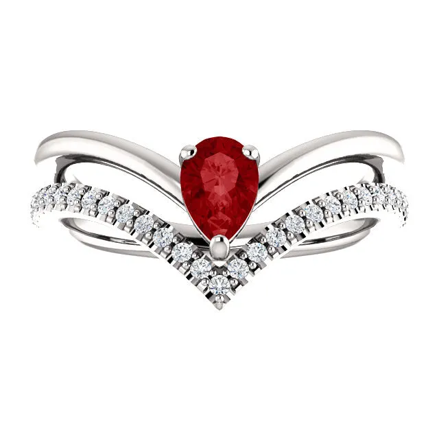 14K White Yellow or Rose Gold Lab Created Ruby Pear & 1/6 CTW Diamond Double V Ring