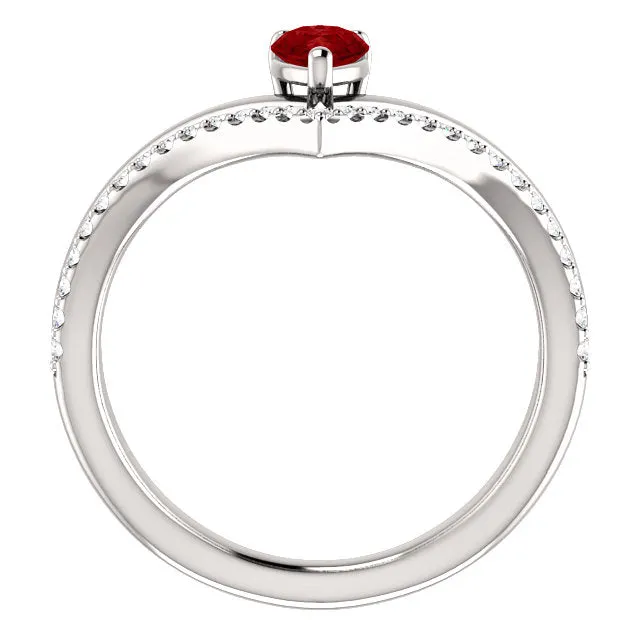 14K White Yellow or Rose Gold Lab Created Ruby Pear & 1/6 CTW Diamond Double V Ring