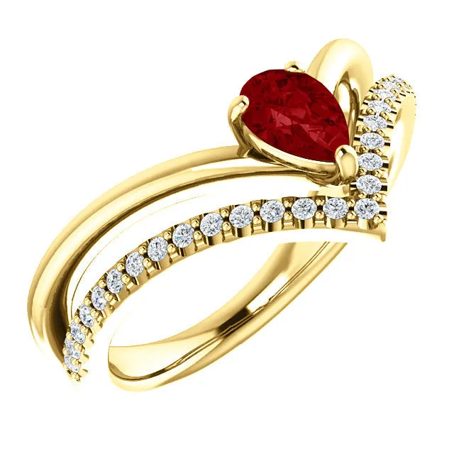 14K White Yellow or Rose Gold Lab Created Ruby Pear & 1/6 CTW Diamond Double V Ring