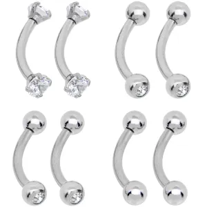 16 Gauge 5/16 CZ Gem Internally Threaded Curved Eyebrow Ring Pack Set of 8