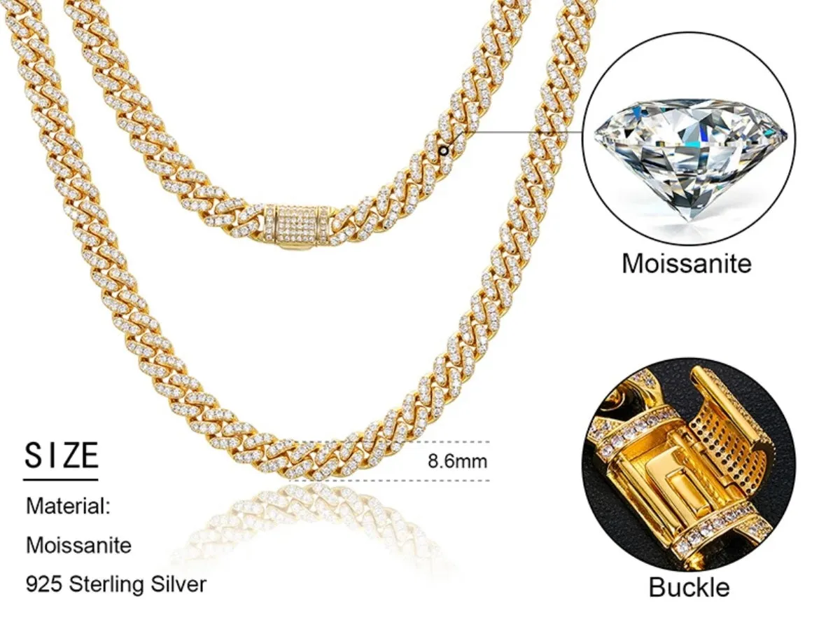 20" 925S VVS MOISSANITE 8.5MM CUBAN LINK CHAIN-GOLD