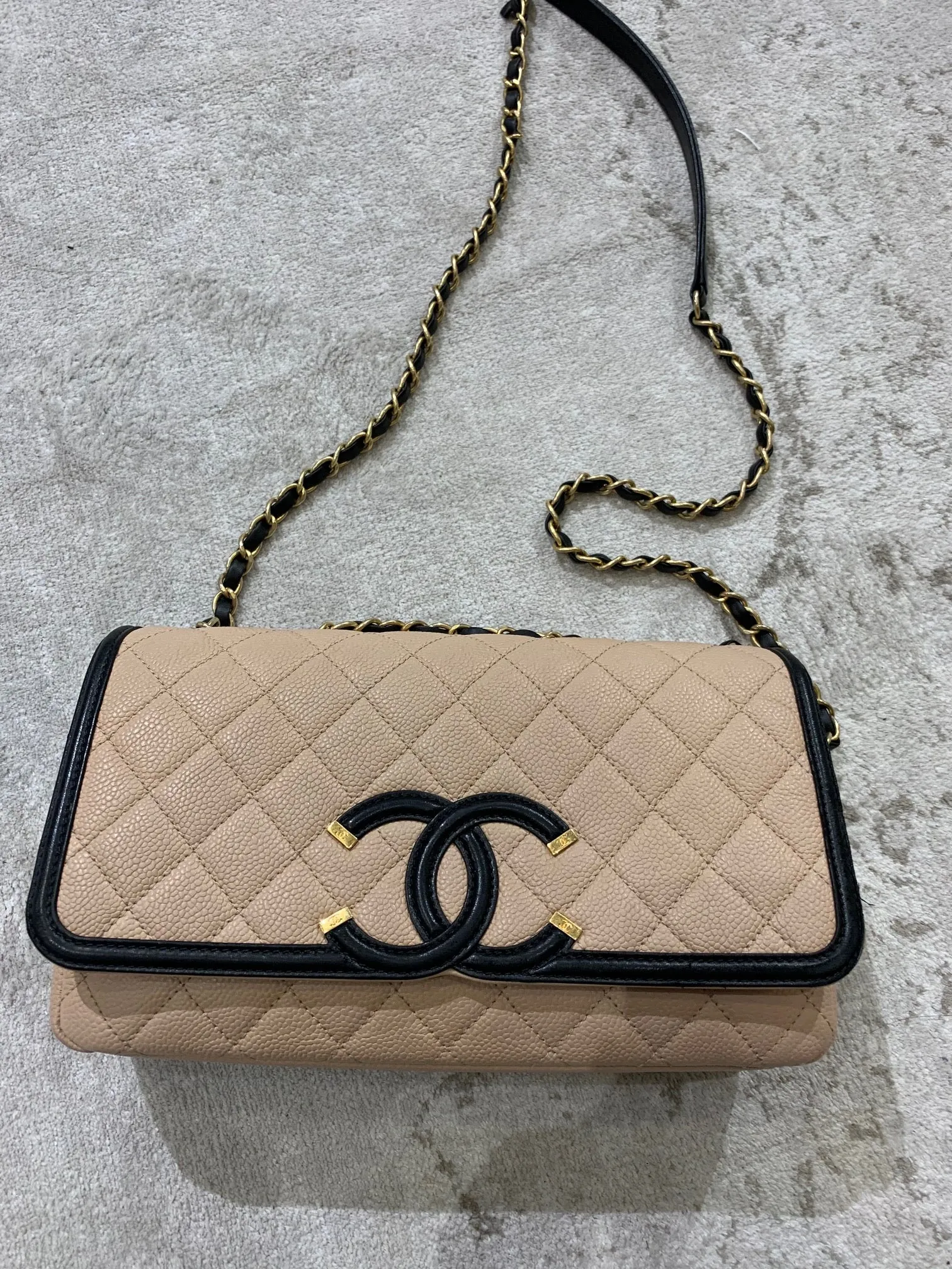 Authentic Chanel medium flap quilted caviar leather Filigree beige black bag with Gold