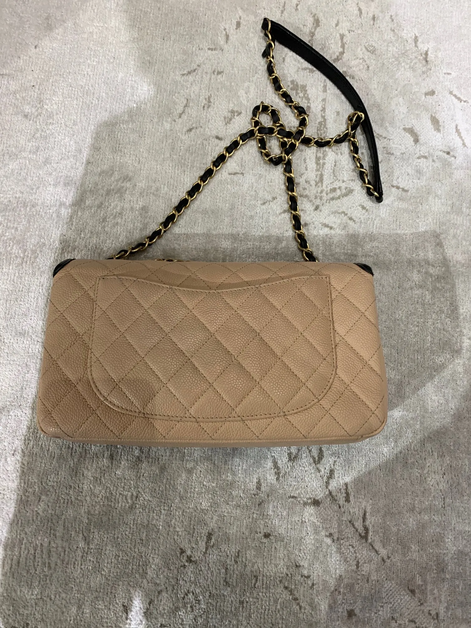 Authentic Chanel medium flap quilted caviar leather Filigree beige black bag with Gold