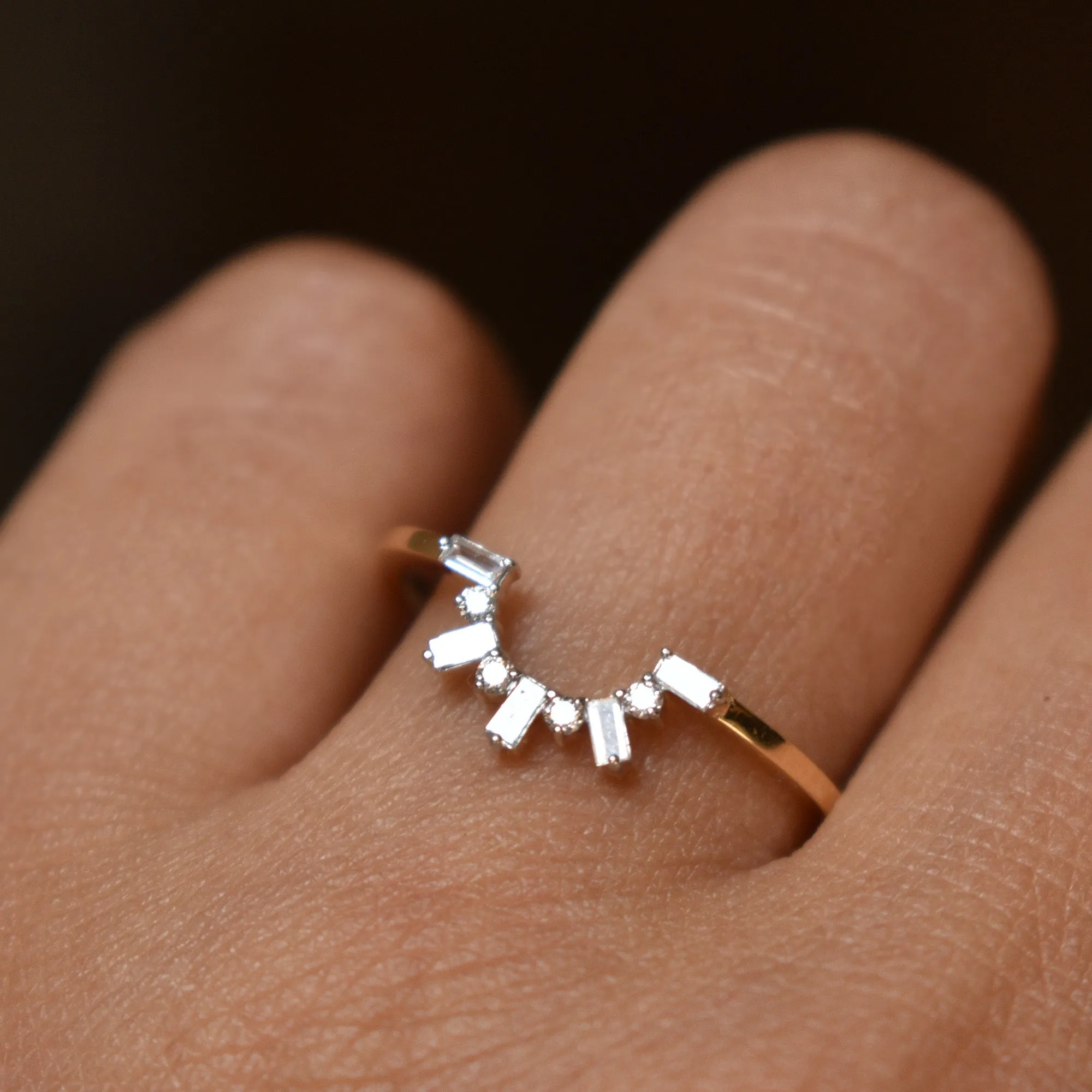 Baguette and Round Diamond Curved Stackable Band For Round Solitaire