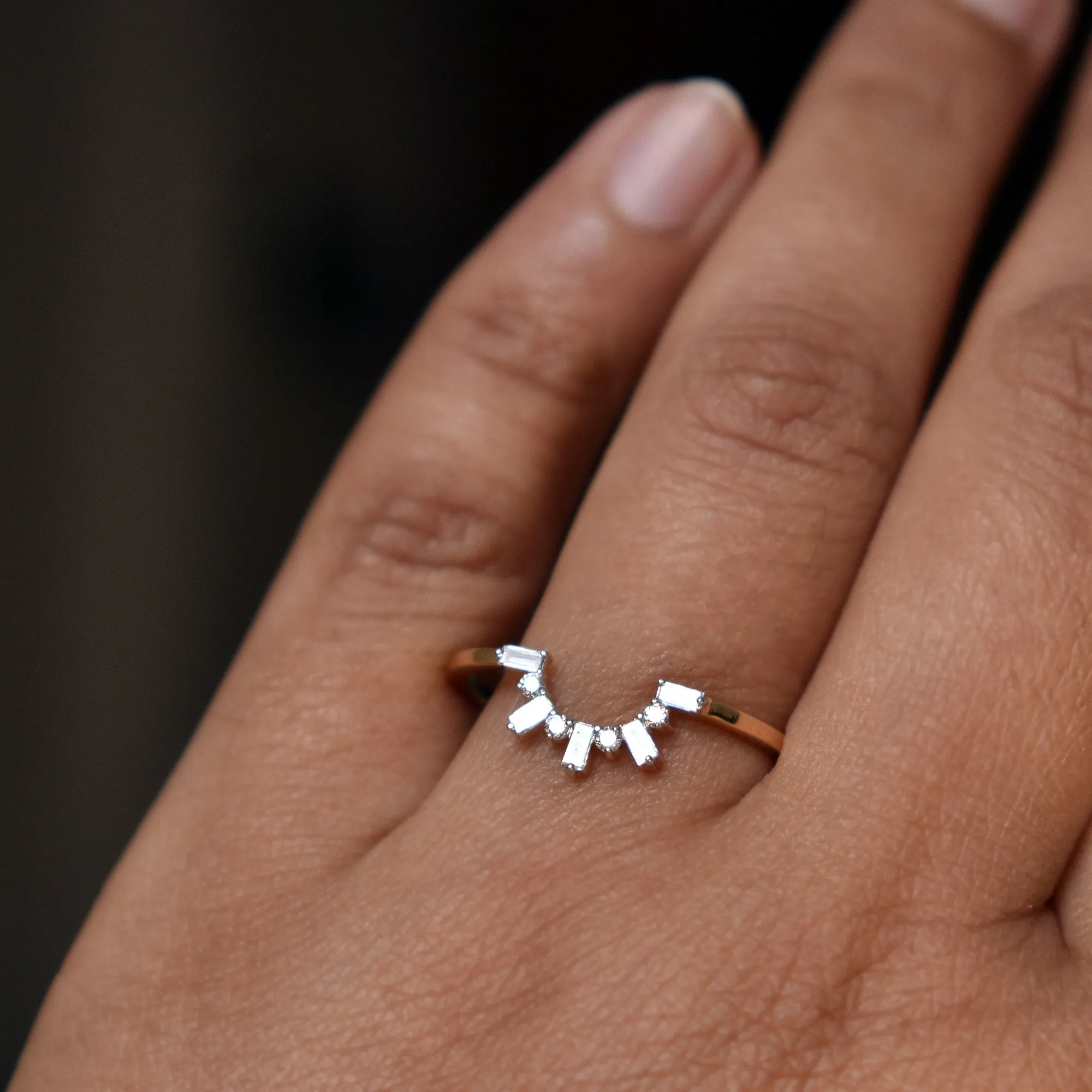 Baguette and Round Diamond Curved Stackable Band For Round Solitaire