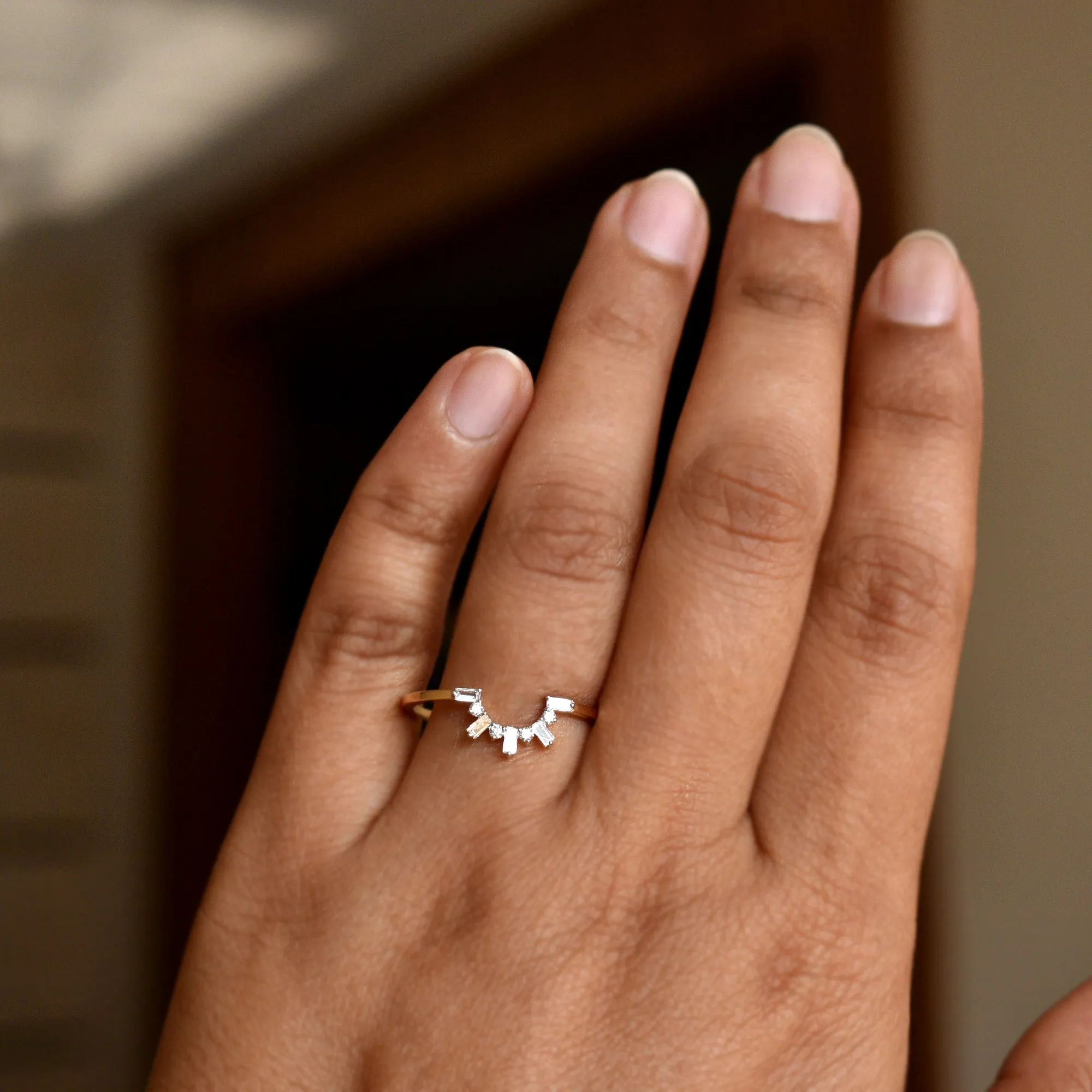 Baguette and Round Diamond Curved Stackable Band For Round Solitaire