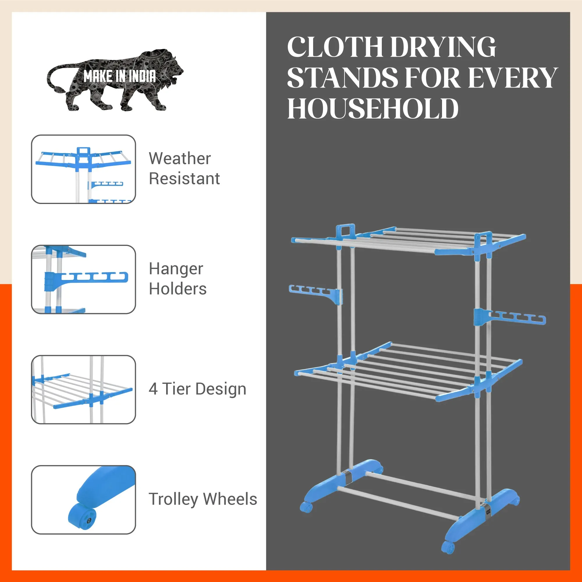 Bathla Mobidry Terra 2 Level Steel Modular Cloth Drying Stand For Home (Blue - Medium) Made in India