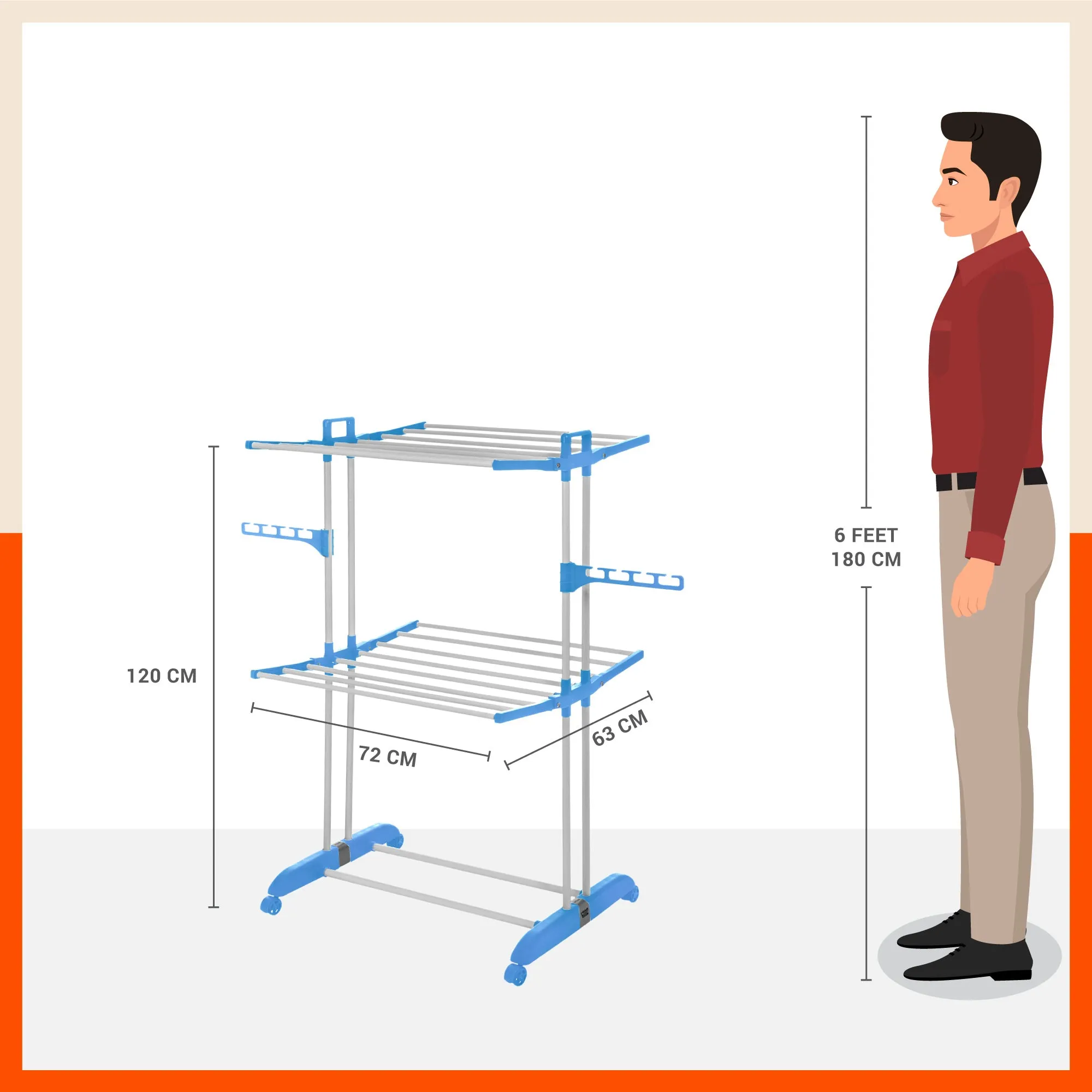 Bathla Mobidry Terra 2 Level Steel Modular Cloth Drying Stand For Home (Blue - Medium) Made in India