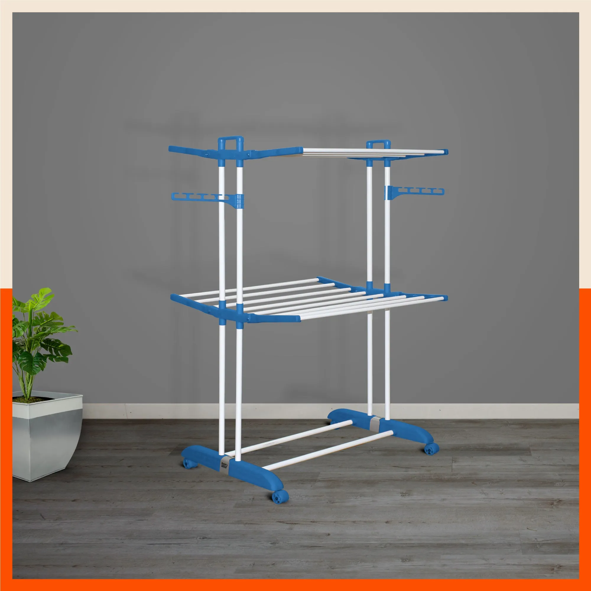Bathla Mobidry Terra 2 Level Steel Modular Cloth Drying Stand For Home (Blue - Medium) Made in India