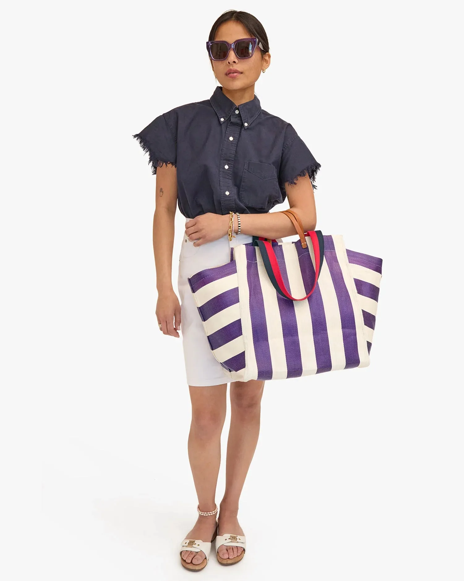 Beach Tote w/ Flat Clutch in Grape and Shell Stripe