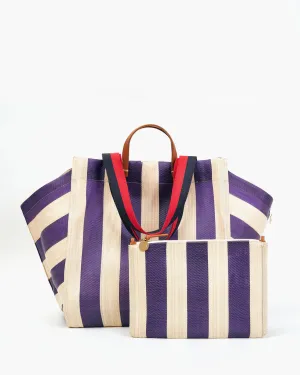 Beach Tote w/ Flat Clutch in Grape and Shell Stripe