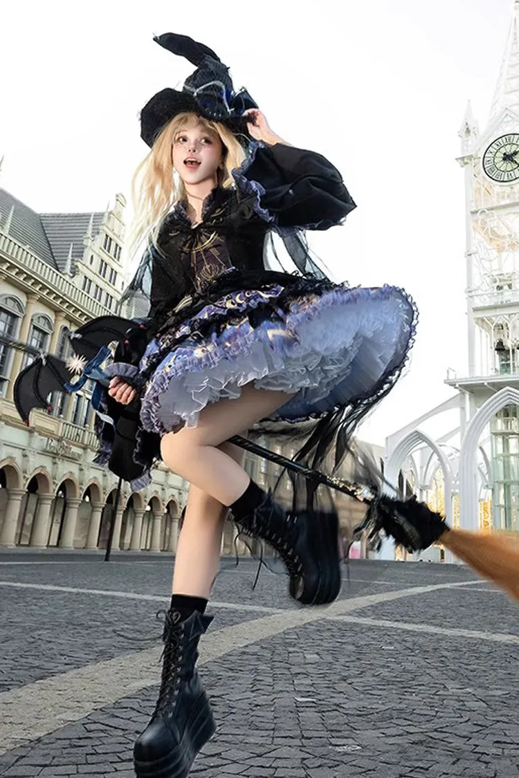 Black [Astrology Cat] Long Sleeves Double-Layered Print Ruffle Lace Gothic Lolita Dress