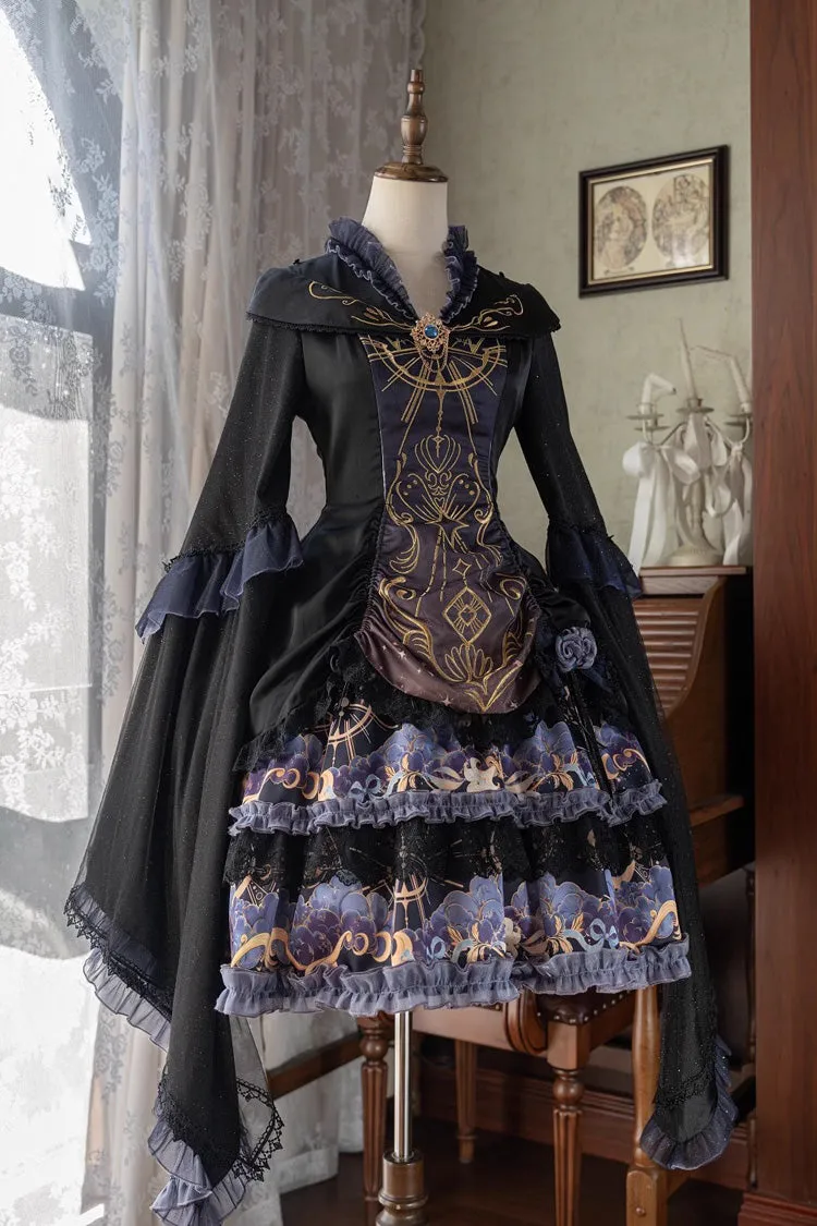 Black [Astrology Cat] Long Sleeves Double-Layered Print Ruffle Lace Gothic Lolita Dress