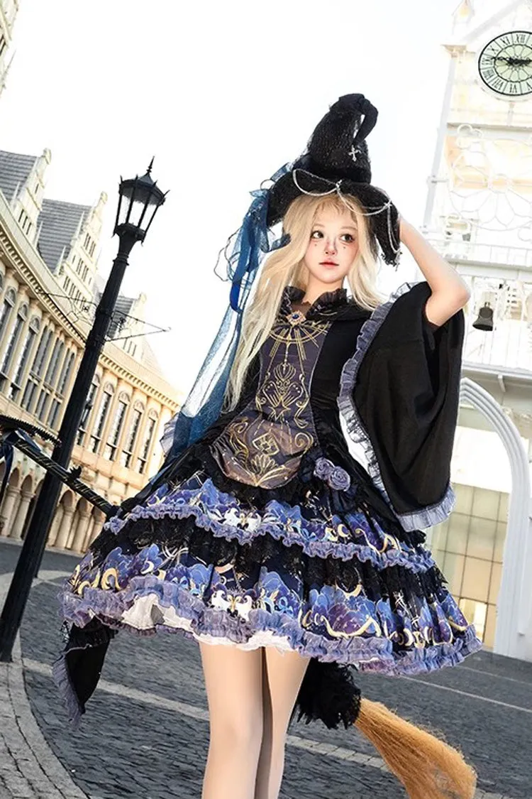Black [Astrology Cat] Long Sleeves Double-Layered Print Ruffle Lace Gothic Lolita Dress