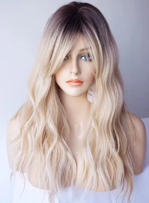 Black Roots Blonde Long Layered Shoulder Length Wig
