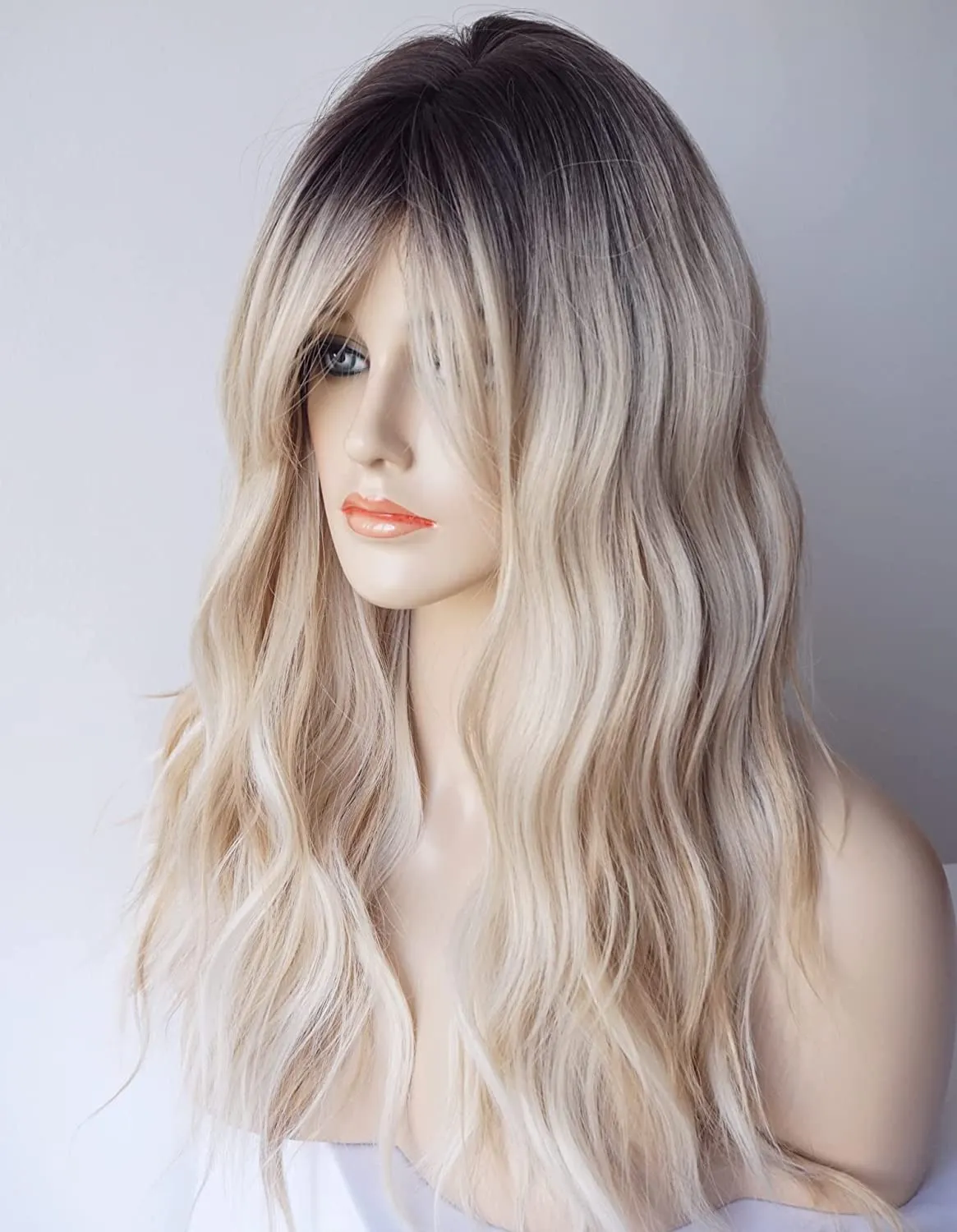 Black Roots Blonde Long Layered Shoulder Length Wig