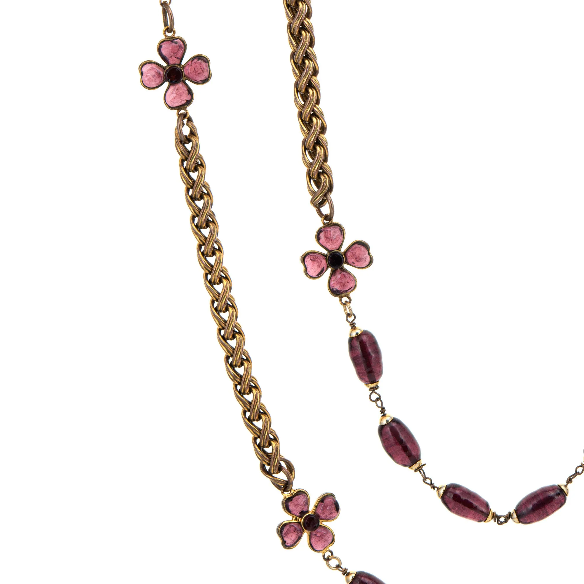 c1981 Ultra Long 105" Vintage Chanel Flower Necklace Purple Glass Beads