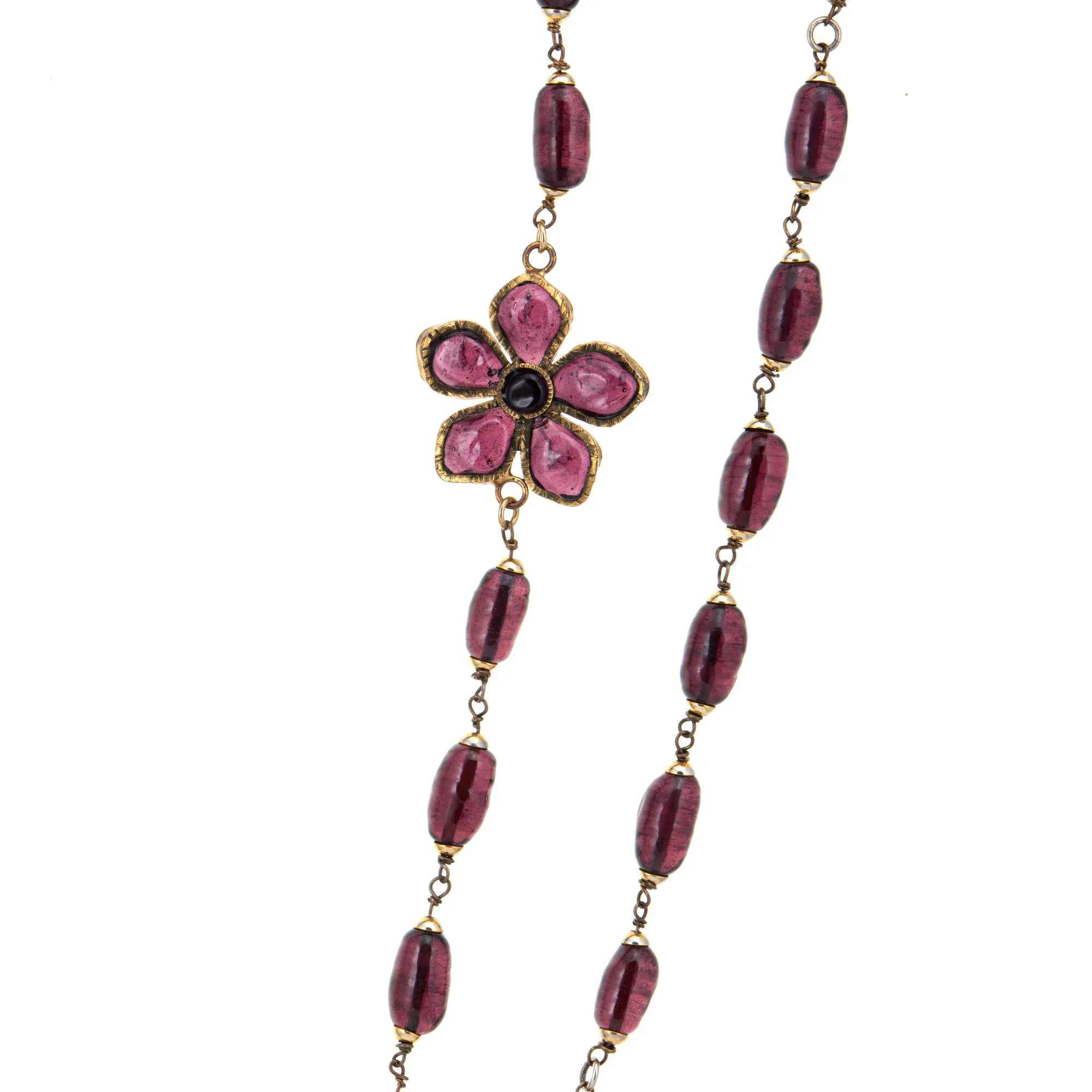 c1981 Ultra Long 105" Vintage Chanel Flower Necklace Purple Glass Beads