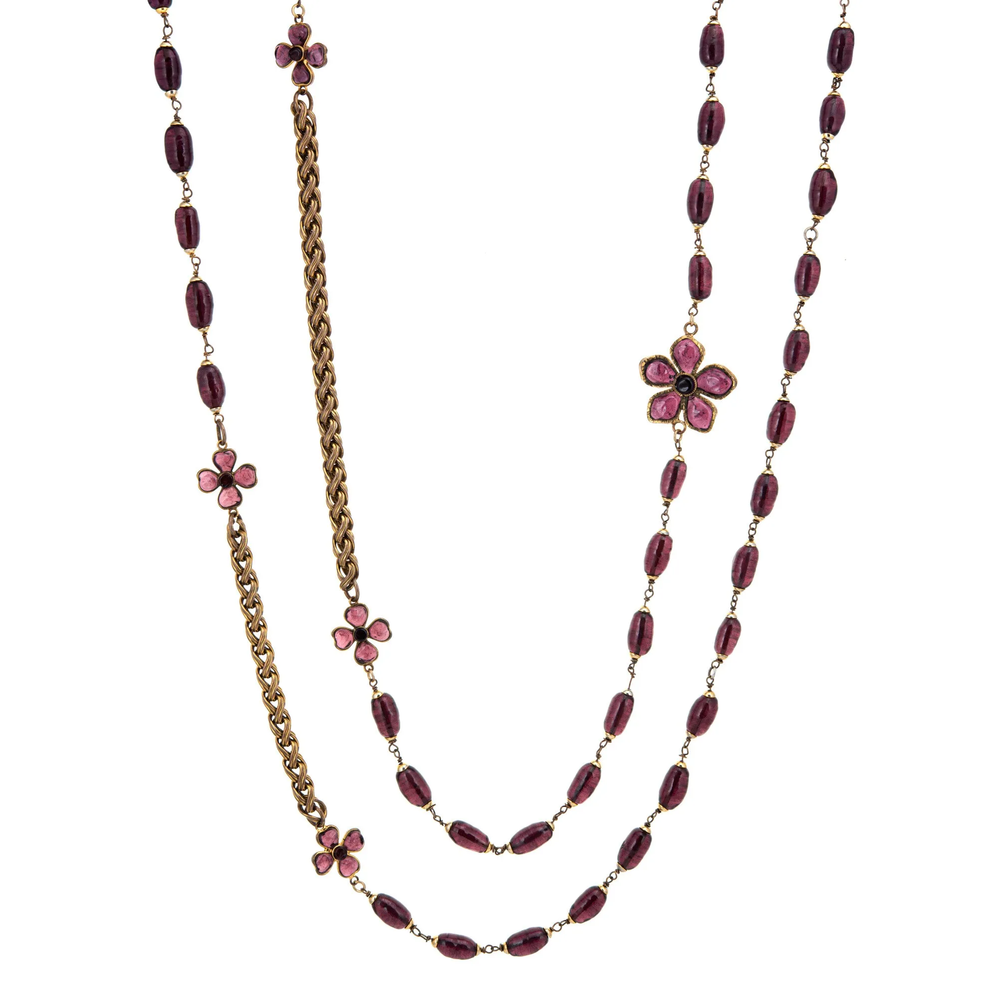 c1981 Ultra Long 105" Vintage Chanel Flower Necklace Purple Glass Beads