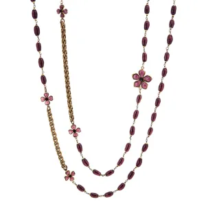 c1981 Ultra Long 105" Vintage Chanel Flower Necklace Purple Glass Beads