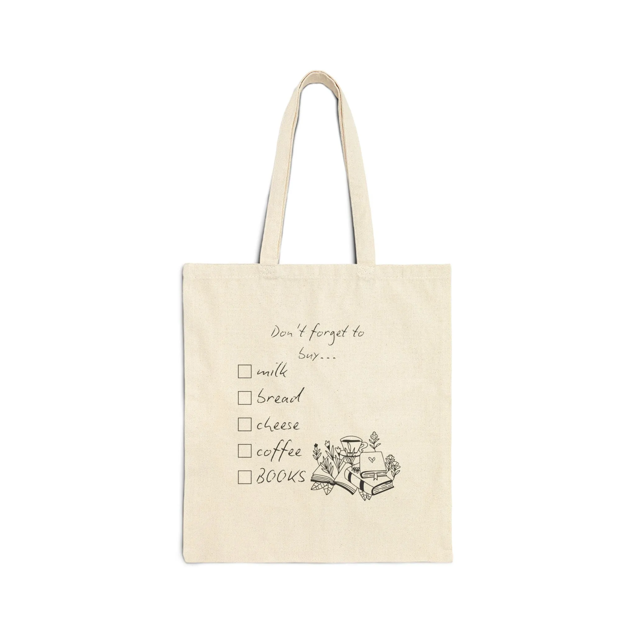 Canvas Tote Bag - Grocery Checklist - "Milk, Bread, Cheese, Coffee, BOOKS"