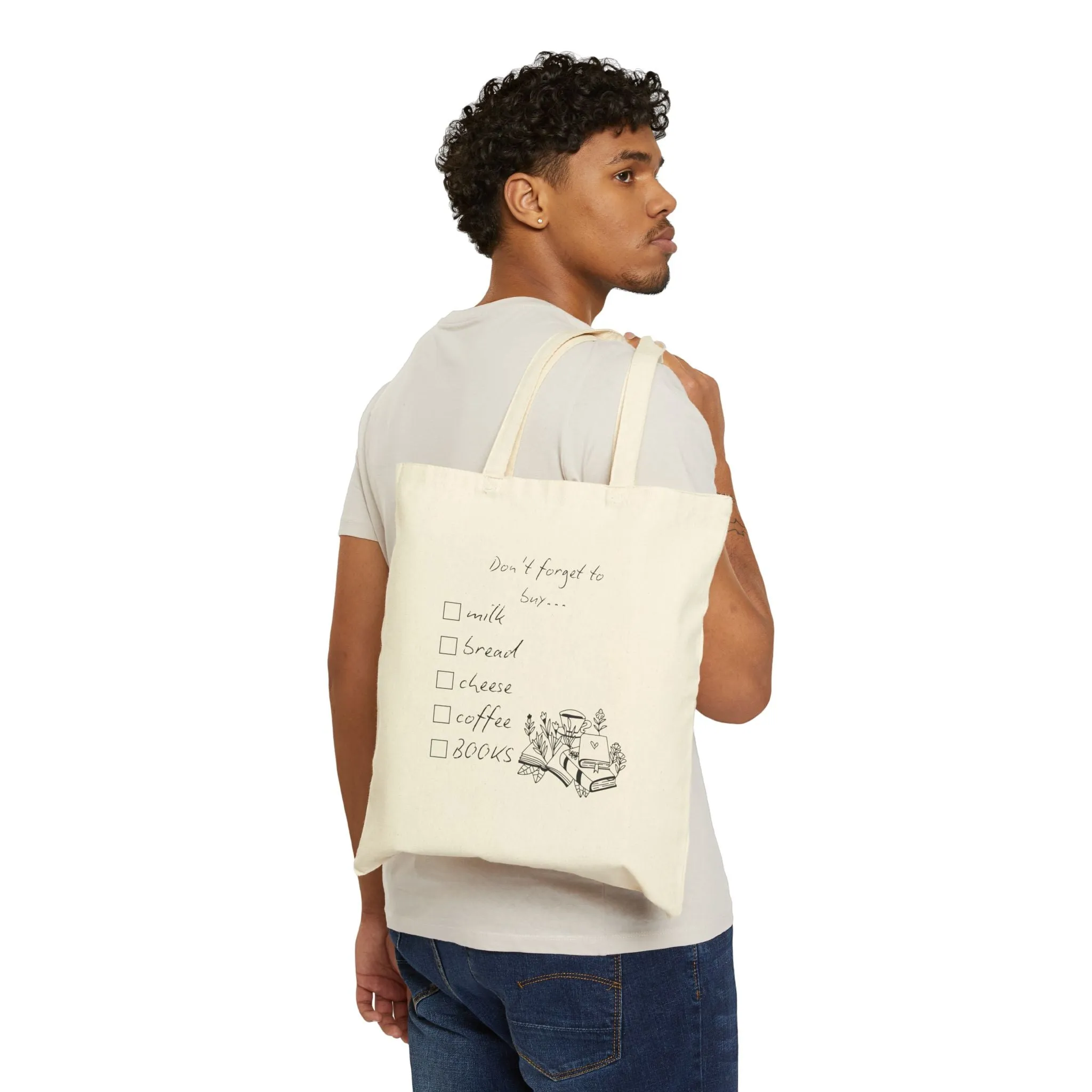 Canvas Tote Bag - Grocery Checklist - "Milk, Bread, Cheese, Coffee, BOOKS"