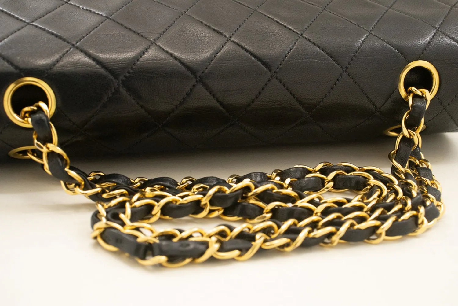 CHANEL Classic Double Flap 10" Chain Shoulder Bag Black Lambskin p21