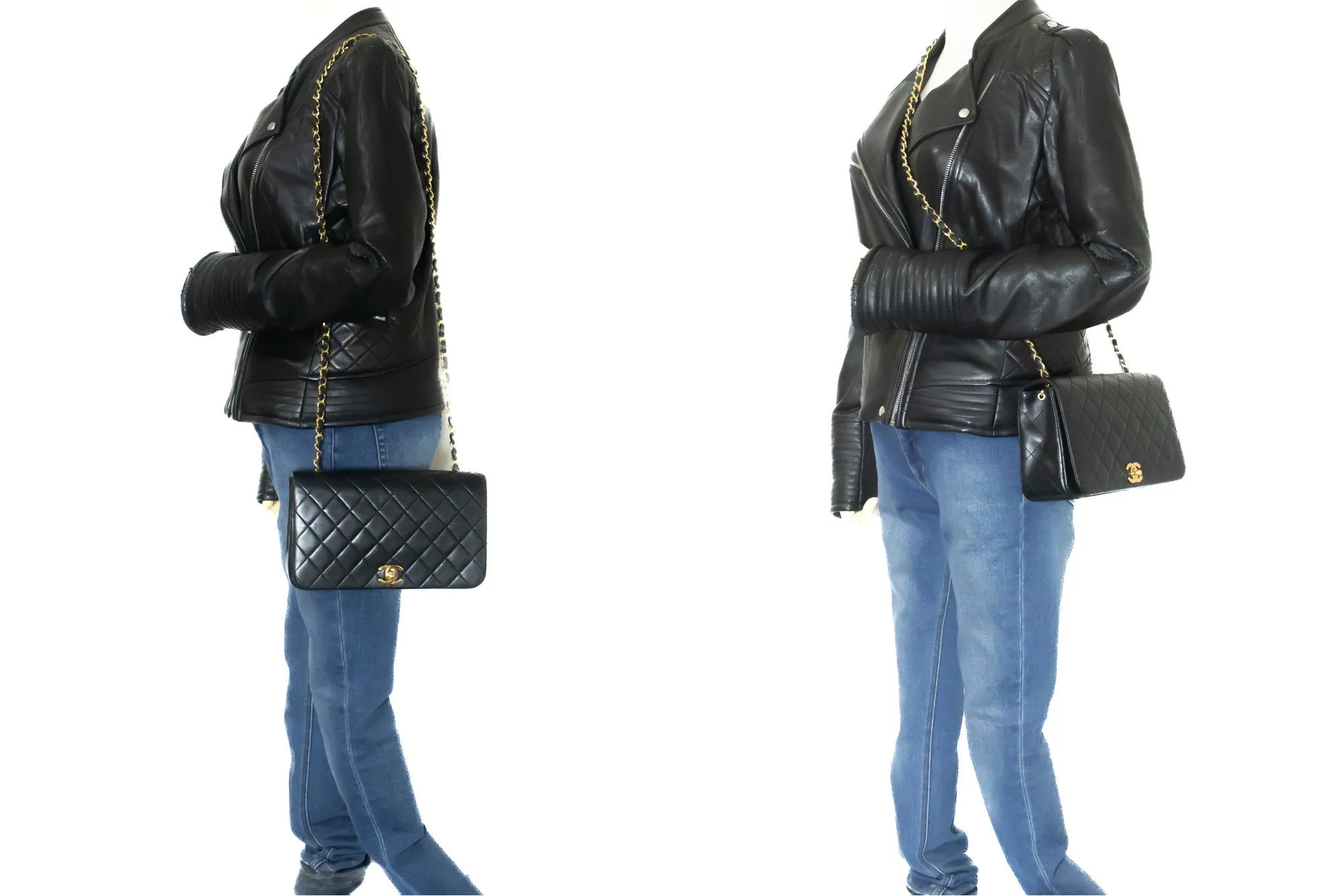 CHANEL Full Flap Chain Shoulder Bag Crossbody Black Quilted Lamb n01