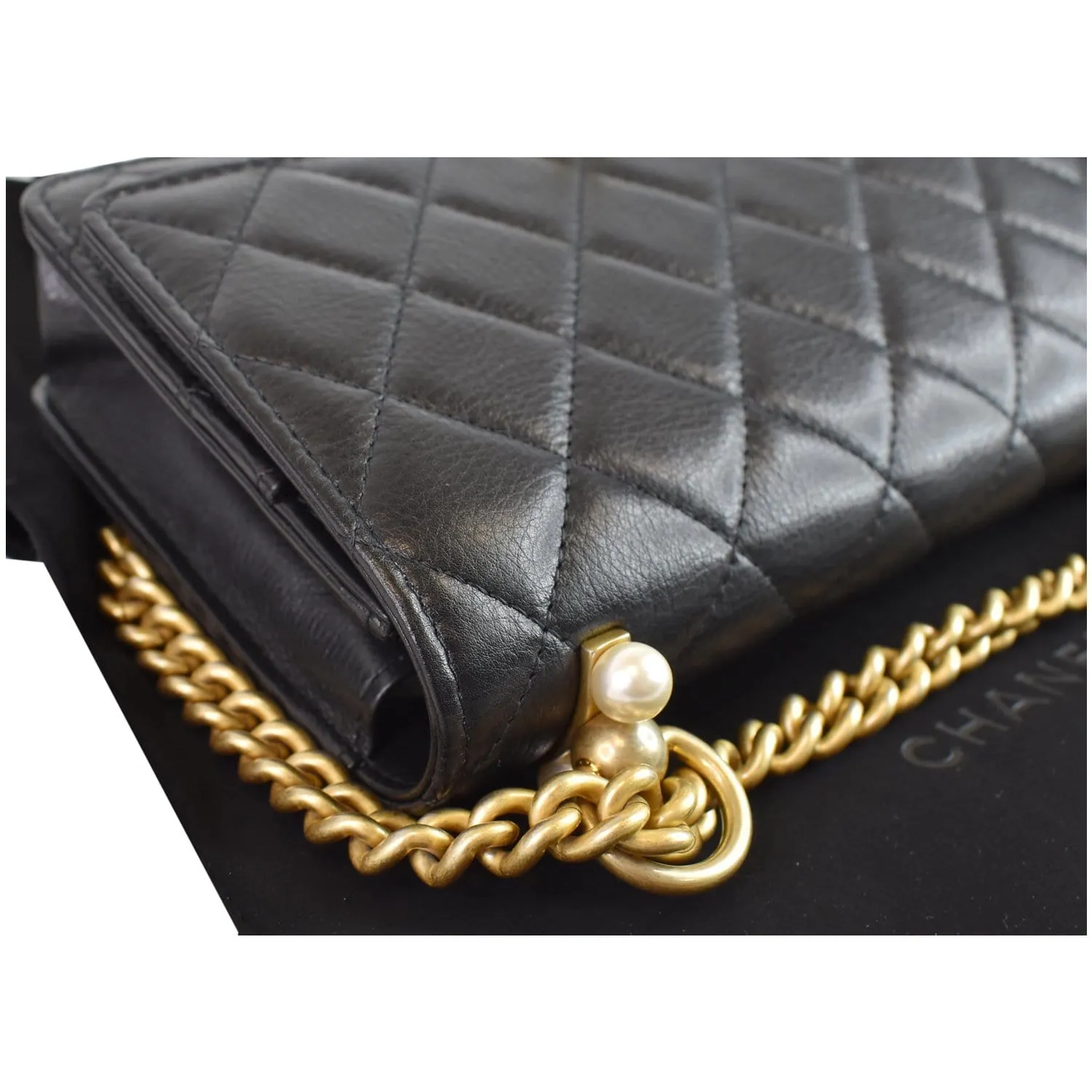 CHANEL Pearl Wallet On Chain Leather Crossbody Bag Black