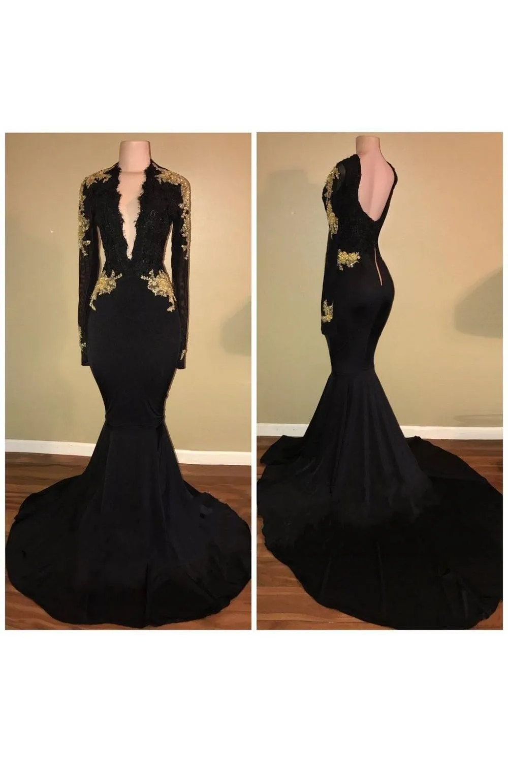 Chic Black and Gold Prom Dresses Deep V-Neck Long Sleevess Evening Gowns