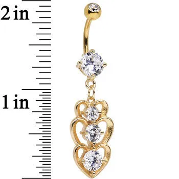 Clear Cubic Zirconia Gold Plated Three Heart Dangle Belly Ring